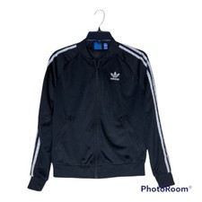 Womans Adidas originals black track jacket 3 stripe logo zipper pockets