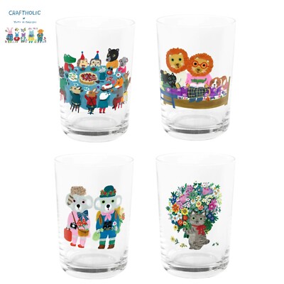 Yumi Kitagishi x CRAFTHOLIC Glass Set of 4 Hedgehog Party, etc. H3.8in JAPAN NEW