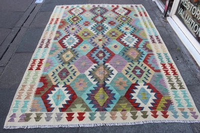 Tapis Kilim Oriental Vintage Fait Main Laine Blanche 242x168cm - Photo 1/4