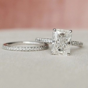 3.5Ct Radiant Cut D Moissanite Bridal Set Engagement Ring 14K White Gold Plated