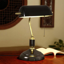 Vintage Banker Desk Lamp Pull Chain Switch Black Glass Shade Table Light Fixture