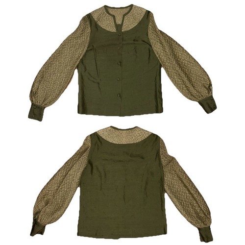 Vintage RARE Green Linen Woven Crochet Button Front Balloon Sleeve Shirt Sz S/M