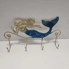 Painted Metal Mermaid Quad Wall Hanger 4 Hooks