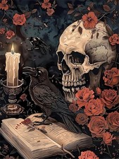 DIY Flowers Skull Diamond Art Kits for Adults, Book Crow Diamond Painting Kits,
