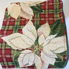 Vtg Plaid Red Green Poinsettia Table Runner Christmas 68x13 Gold Shimmer