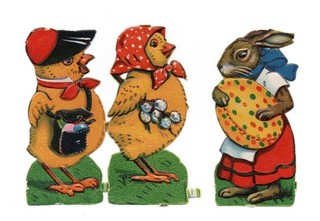 Alte Oblaten Glanzbilder Scraps Bogenstück Küken Hase Osterei ... 8 5cm Rar!!