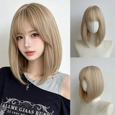 Women Blonde Short Straight Bob Full Wig Air Bangs Smooth Synthetic Hair Cosplay