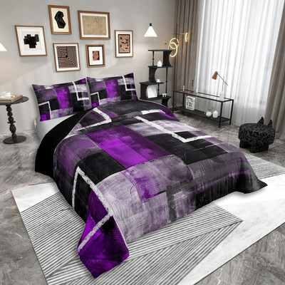 Purple Grey Black Geometric Comforter Set King - Modern Art Bedding for All Ages