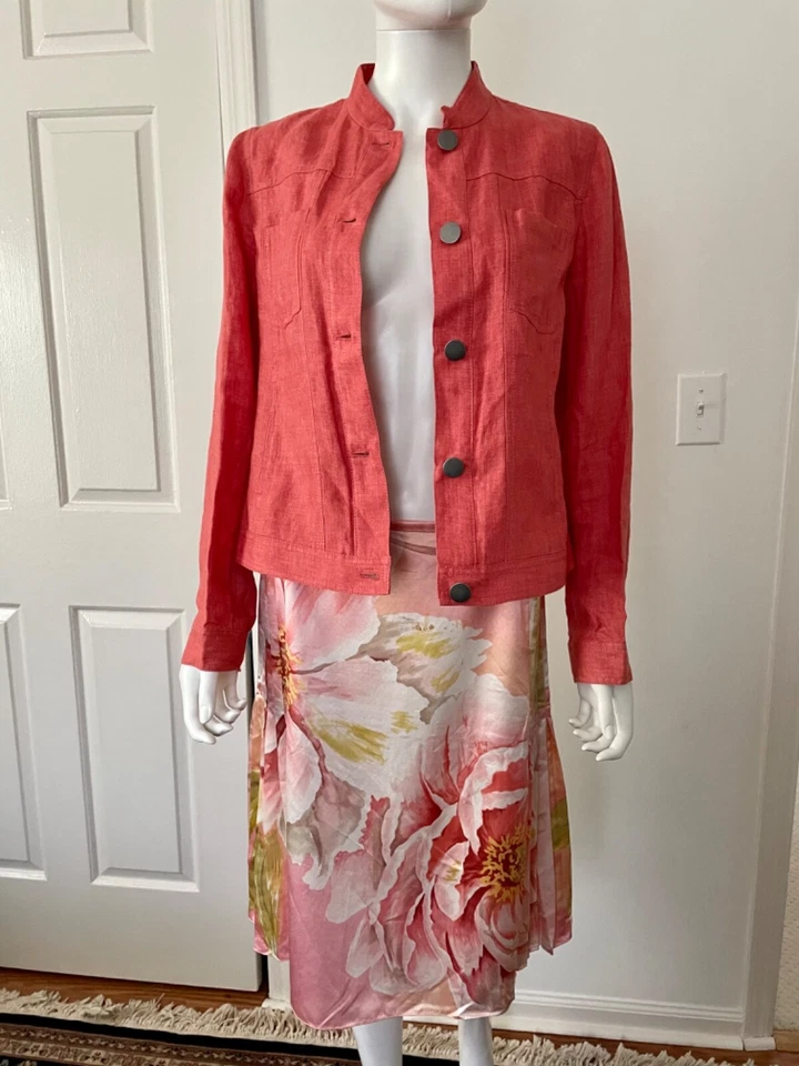 Chaqueta de lino estilo jean naranja Ellen Tracy talla 4 y falda de seda floral crema talla 6 Foto 2 de 4