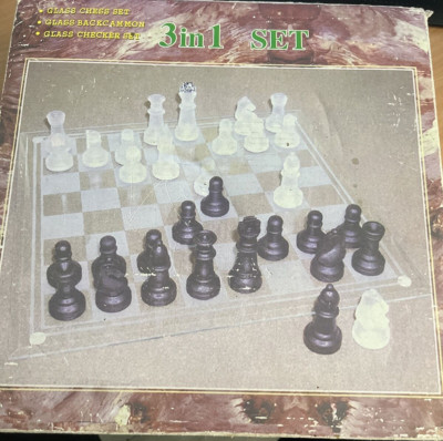 Glas 3 in 1 Spielbrett Set Schach Backgammon Dame Neu Figuren Würfel Zähler