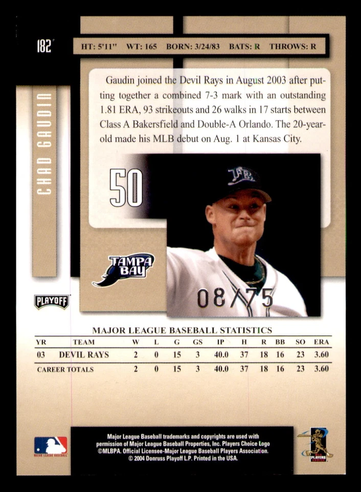2004 Playoff Prestige Xtra Bases Black #182 Rookies & Prospects Chad Gaudin #/75 - Image 2 of 2