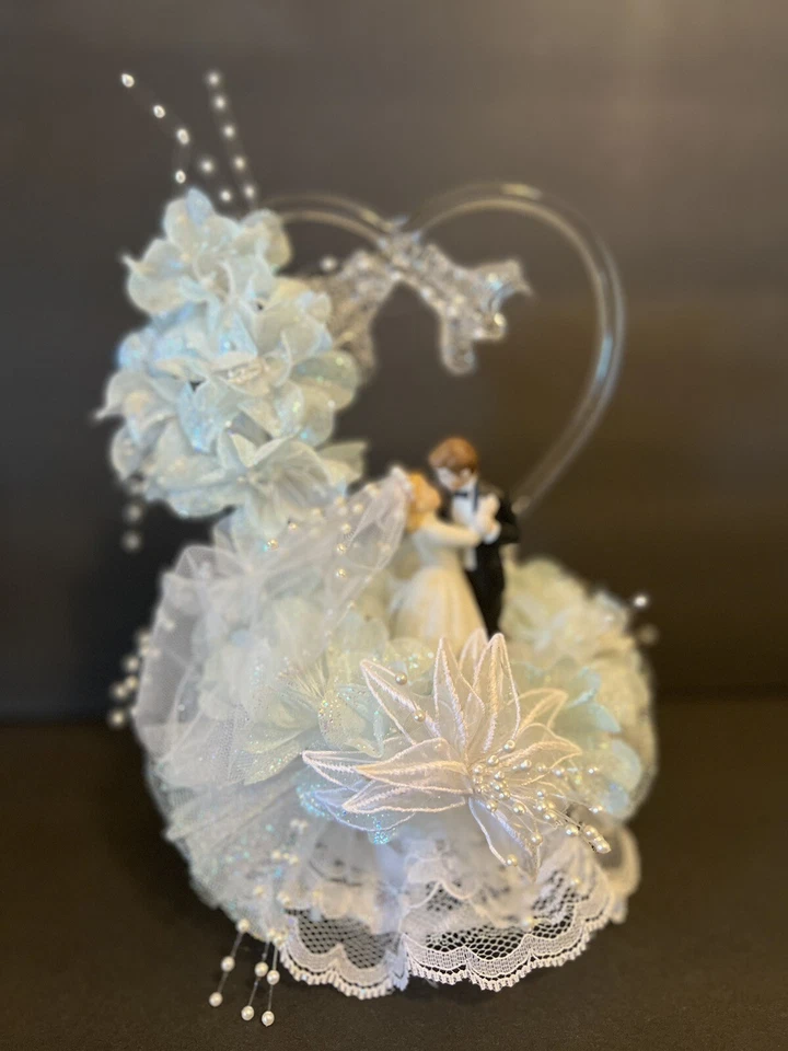 🚩Eleg 1970 corazón soplado a mano campanas boda novia y novio boda pastel adorno 11x7,5 Foto 2 de 4