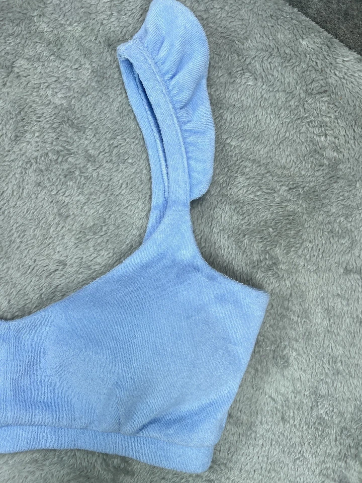 Nuevo sin etiquetas Top de bikini de natación Bar III tela de felpa francesa OTS volantes XS azul para mujer Foto 4 de 4