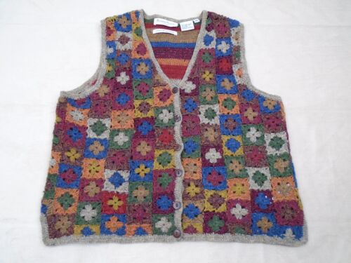 Robert Scott Hand Knitted Vest Cardigan Wool Silk Crochet Floral Colorful Boho M
