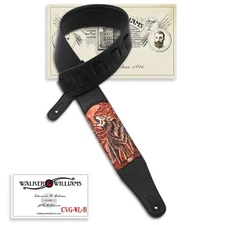Walker & Williams CVG-WL-R Black Leather Padded Guitar Strap & Red Howling Wolf