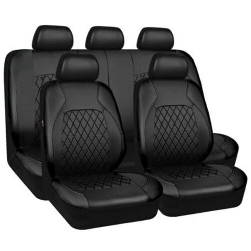 Black Leather 5-Sits Car Seat Covers Front Rear Full Interior Cushion Set 9Pcs   - Picture 1 of 12