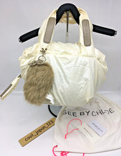 See By Chloe Borsa a Mano Tote Bag Logo Nylon Bianco Donna USATO Pelliccia Ch...