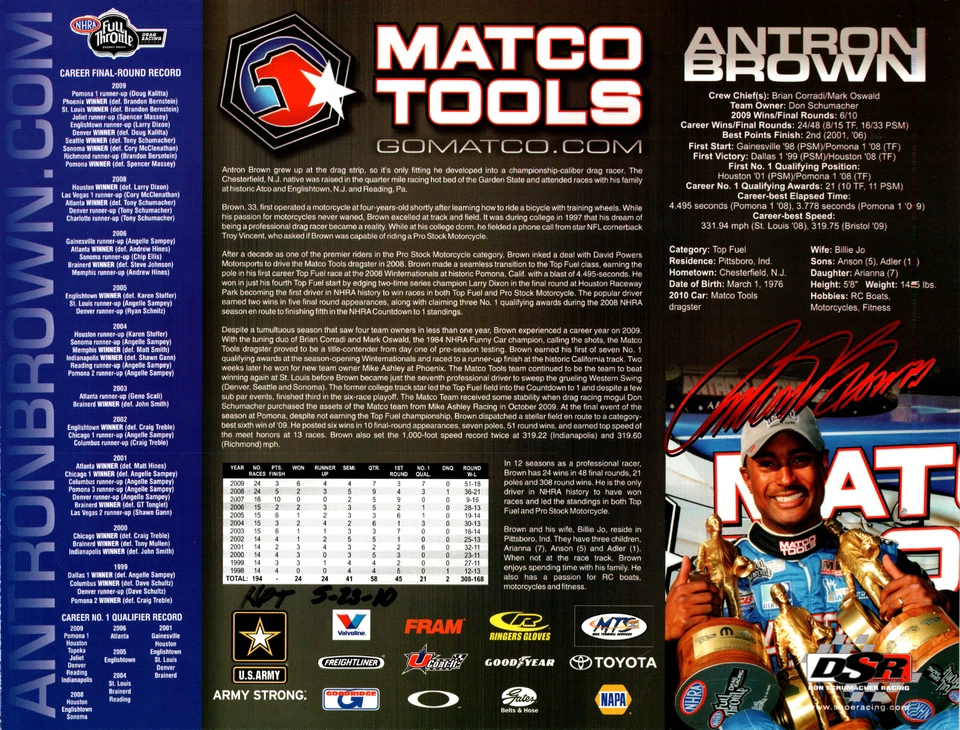 Tarjeta biográfica Antron Brown firmada a mano 8,5x11 2010 NHRA Top Fuel Pro Stock Dragster Foto 2 de 2