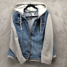 Northstyle Fleece & Denim Jacket Women's Size Xl Layered Hood Metal Button Snaps