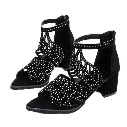 Women Rhinestones Thick Heel Zipper Sandals High Heels Pumps Party Roman Shoes - Foto 6 di 16