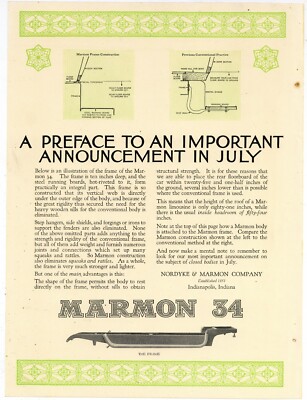 1916 Nordyke & Marmon Automobiles 1 pg. 2 Sided Ad on Card Stock: Marmon 34 Car