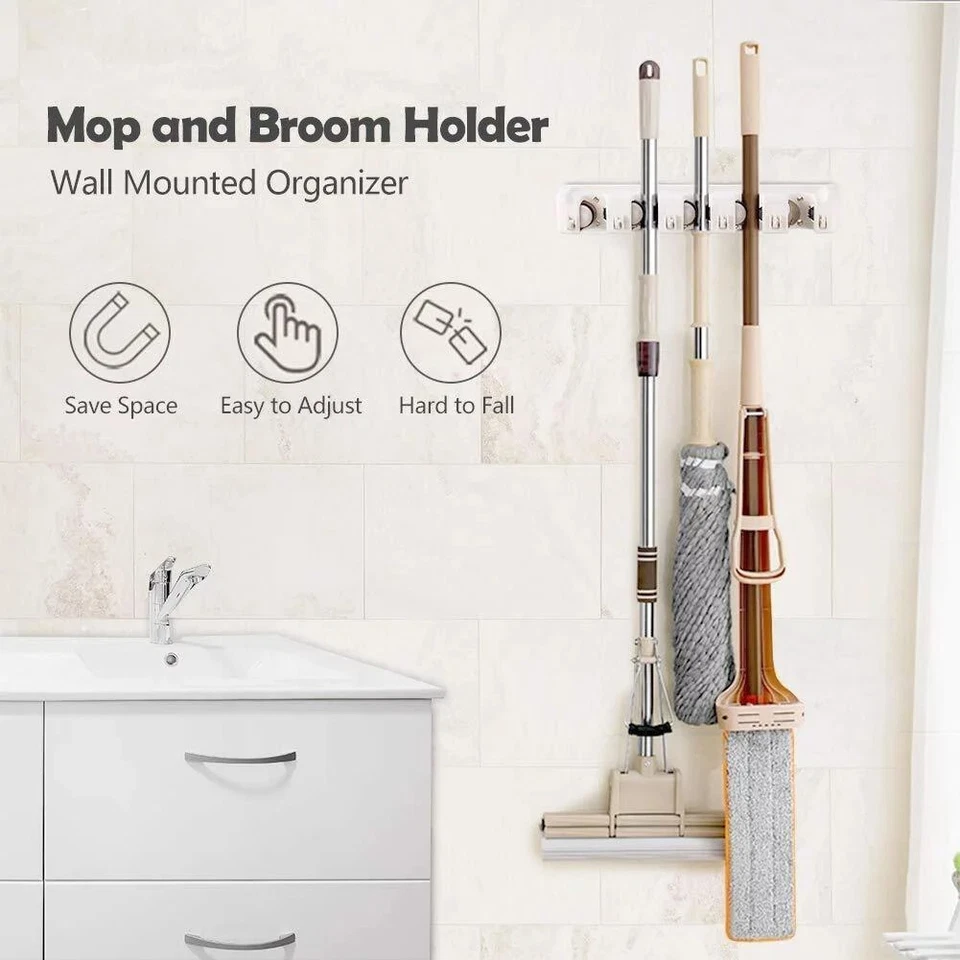 White Wall Mounted Mop & Broom 5 Position Hanger, holds up to 7-1/2 pounds Foto 2 de 4