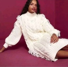 FARM RIO Midi Sweater Dress XS White Cable Knit Long Sleeve High Neck NWOT