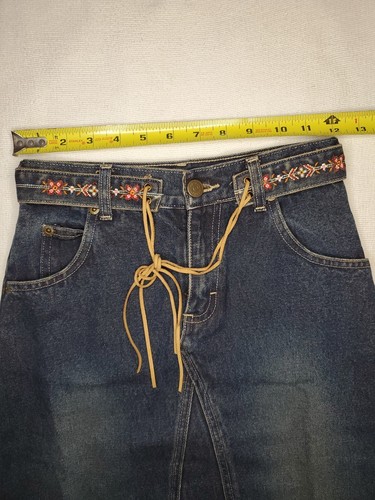 GENUINE GIRL Blue Denim Dark Wash Long Skirt Slit FANCY Embroidered Belt Size 8 - Picture 9 of 12
