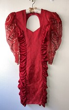 Vintage '80s Mayvens Bright Red Prom Party Lace Sleeves Satin Ruching XS
