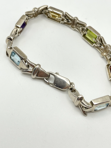 Silver 925 Blue Topaz Peridot Citrine Amethyst Garnet Bracelet 7" 16.6g - Picture 6 of 8
