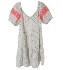 LOFT Puff Sleeve Dot Embroidered Tiered Swing Dress Size S White Pink Boho Prep