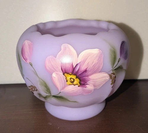 Fenton Lavender Satin Candle Bowl Hand Painted Flowers S Waters