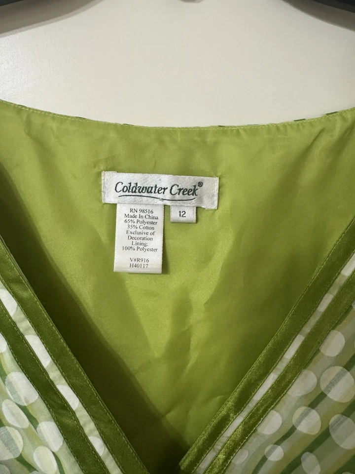 Vestido Coldwater Creek 12 Ajuste Acampanado Lunares Verdes Manga Gorra Transparente Retro Primavera Y2K Foto 4 de 4