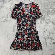 Madewell Dress Womens 8 Blue Red Hillside Daisies Floral Faux Wrap Ruffle Casual