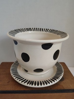 M. BAGWELL Small Ceramic Plant Pot With Saucer White -Large Black Polka Dots