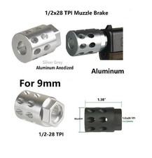 Silver 1/2x28 TPI Al 6082 T6 Slant Port Muzzle Brake Compensator Fits 9 mm Glock