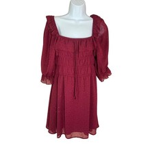 ROW-A MiniDress Womens Medium Burgundy Excellent Smocked Ruffle Clip Dot Shimmer