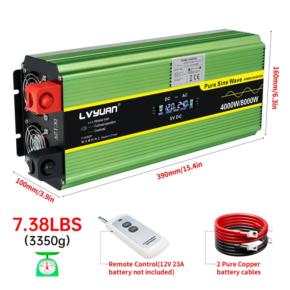 4000W 8000W Pure Sine Wave Power Inverter 12V to 240V 4USB 3AC LCD Car Converter - Image 3 of 4