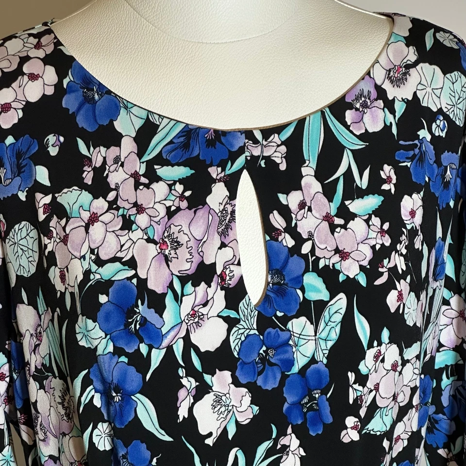 Liz Claiborne Multi Floral Print 3/4 Sleeve Keyhole Tie Belt Dress Womens Sz XL - Image 3 of 4