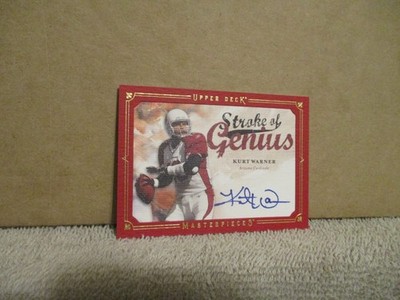 2008 UPPER DECK MASTERPIECES STROKE OF GENIUS KURT WARNER #SOG59 RED AUTO 6/10