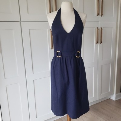 David Meister Dress Womens 8 Navy Blue Halter Pique Gold Buckle Kentucky Derby