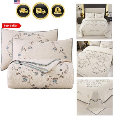 3-Piece Elegant Floral Embroidered Bedspread Coverlet Set Oversize Queen 100%...