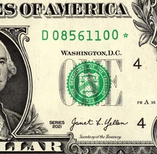 2021 D Star Note One Dollar Bill Regular Run Pack Note D08561100*
