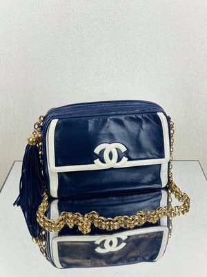 Chanel Camera Crossbody Bag Blue Leather Silver Flap Chain Pre-Owned France
