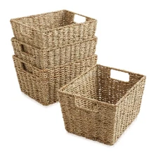 4pk Seagrass Storage Baskets w Handles 12x9x6, Wicker Bins for Shelves, Natural