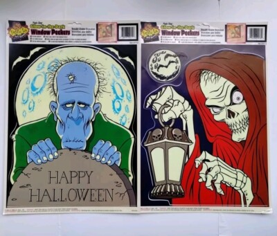 Vtg Frightful Fun Halloween Frankenstein & Crypt Keeper Skeleton Window Clings
