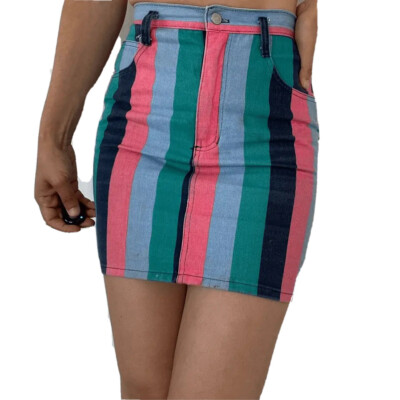Vintage 80s 90s Extra Pin Stripes Denim Skirt Colorful Pencil Size Small 