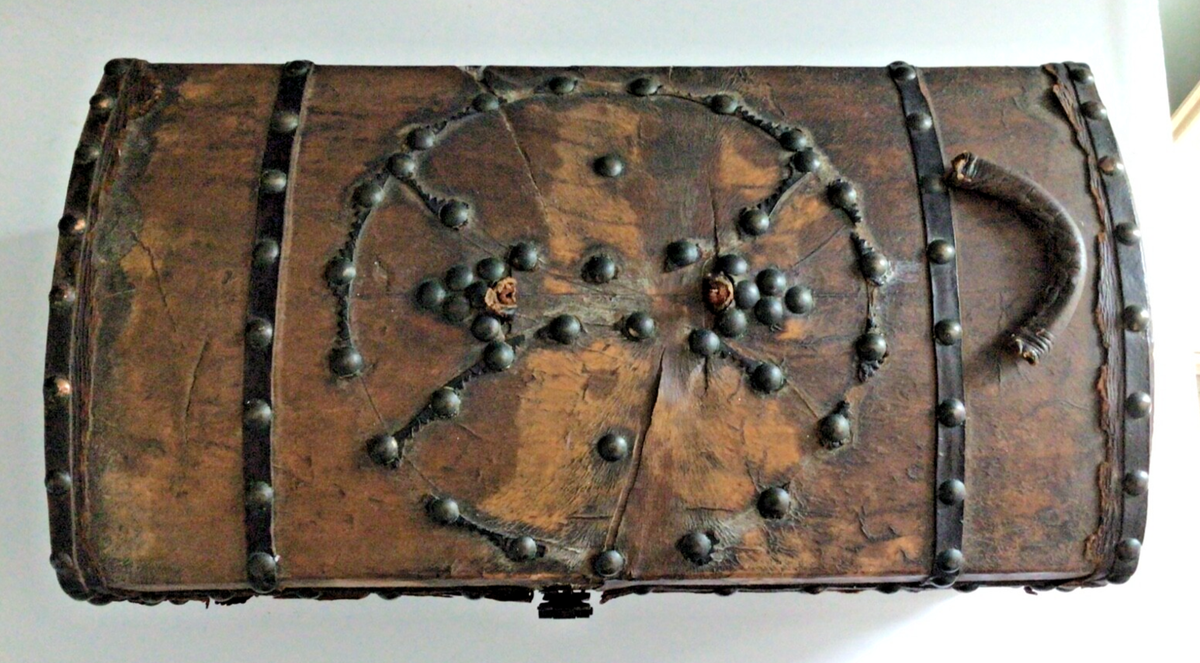 Antique 1800s Hide Covered, Leather, Wood Dome Chest Trunk w