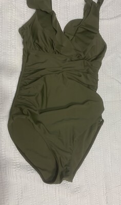 Olive Green Women s Ruffled Shirred One Piece Swim Suit Size XS Padded Lined New
