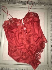 VINTAGE Teddy Lingerie Red Lace Nylon One Piece SLIP ROMPER WOMANS USA Size L